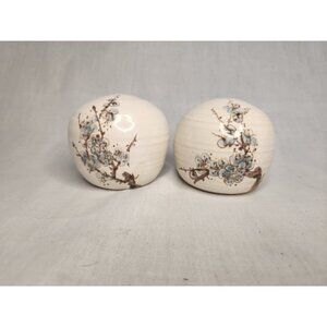Round Pottery Salt & Pepper Shaker Decorated Flowering Tree Branch Asian